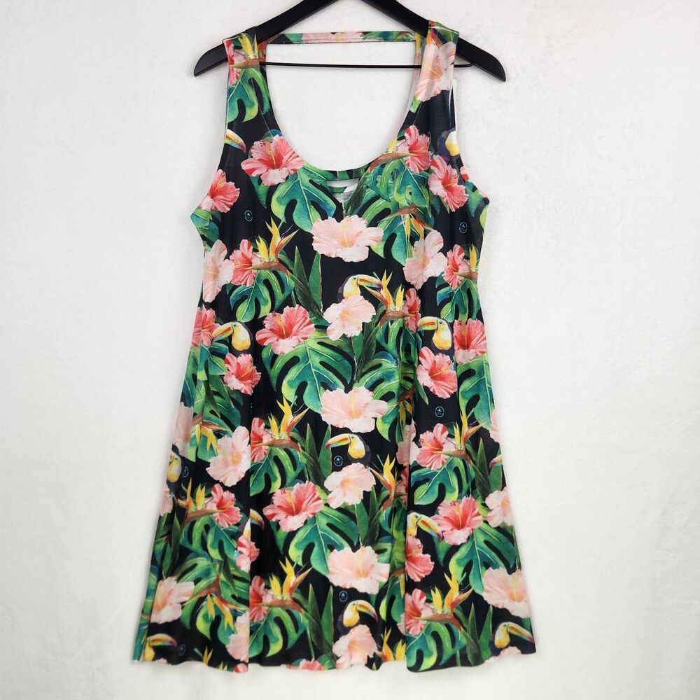 5Fin Tropical Shift Dress XL Floral Logo Toucan Hawaiian Resort Lightweight Soft